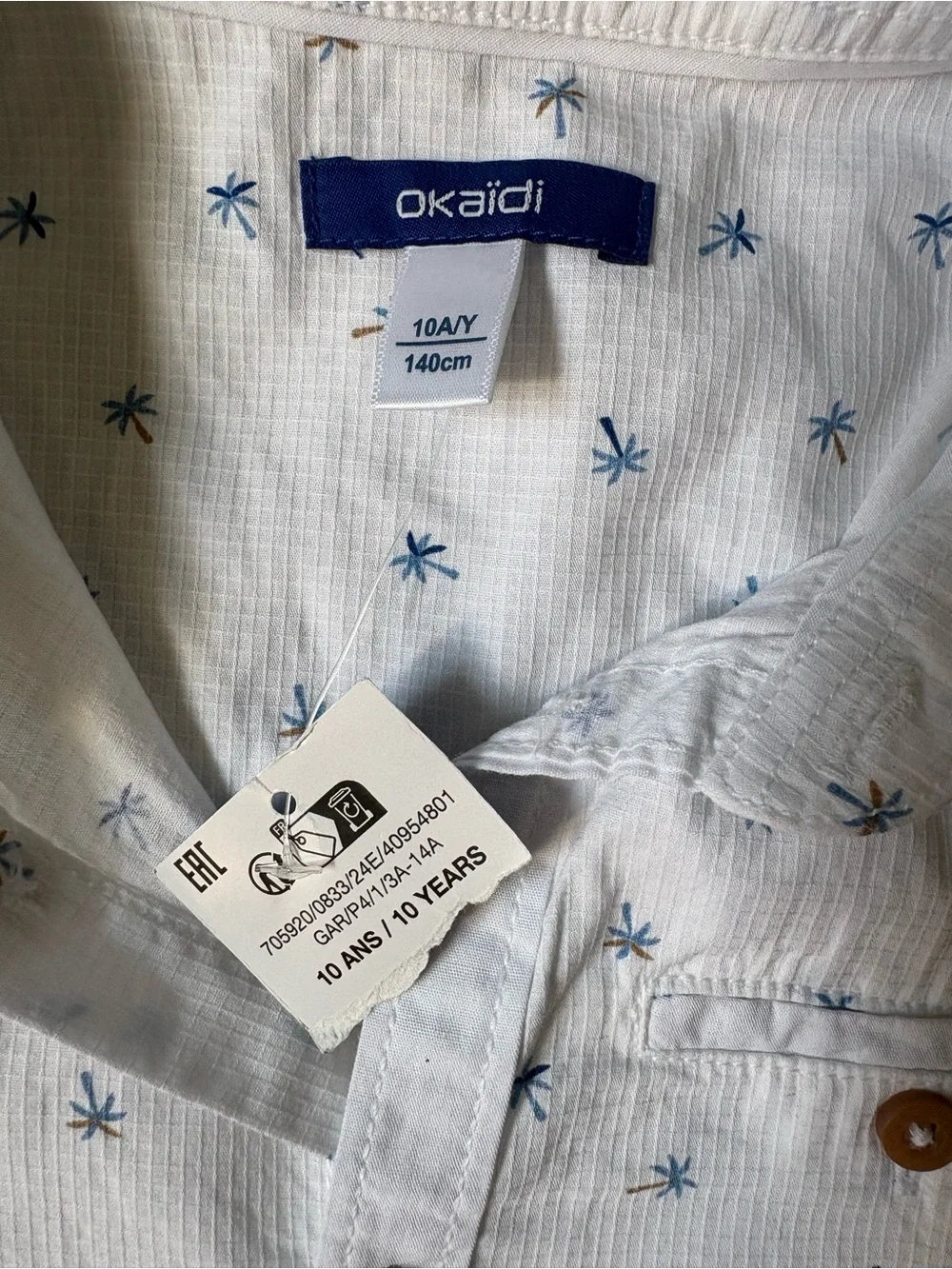 Okaidi White Button-Down Shirt with Blue Palm Print